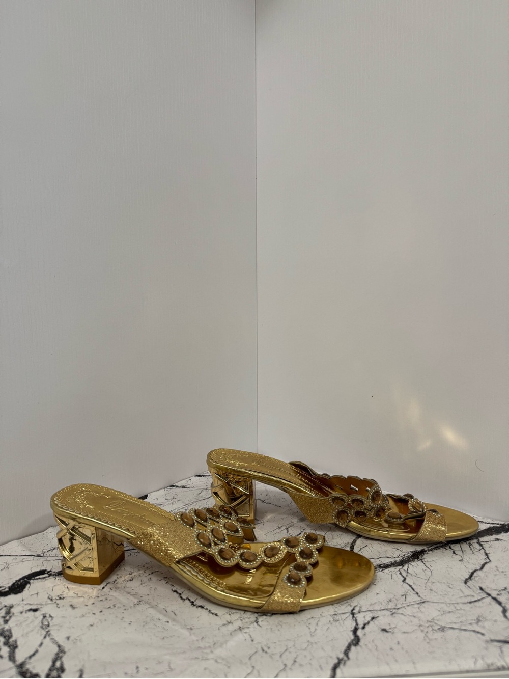 Gold Rhinestone Jeweled Block Heel Sandals - Size 41 (US 10) NWOT